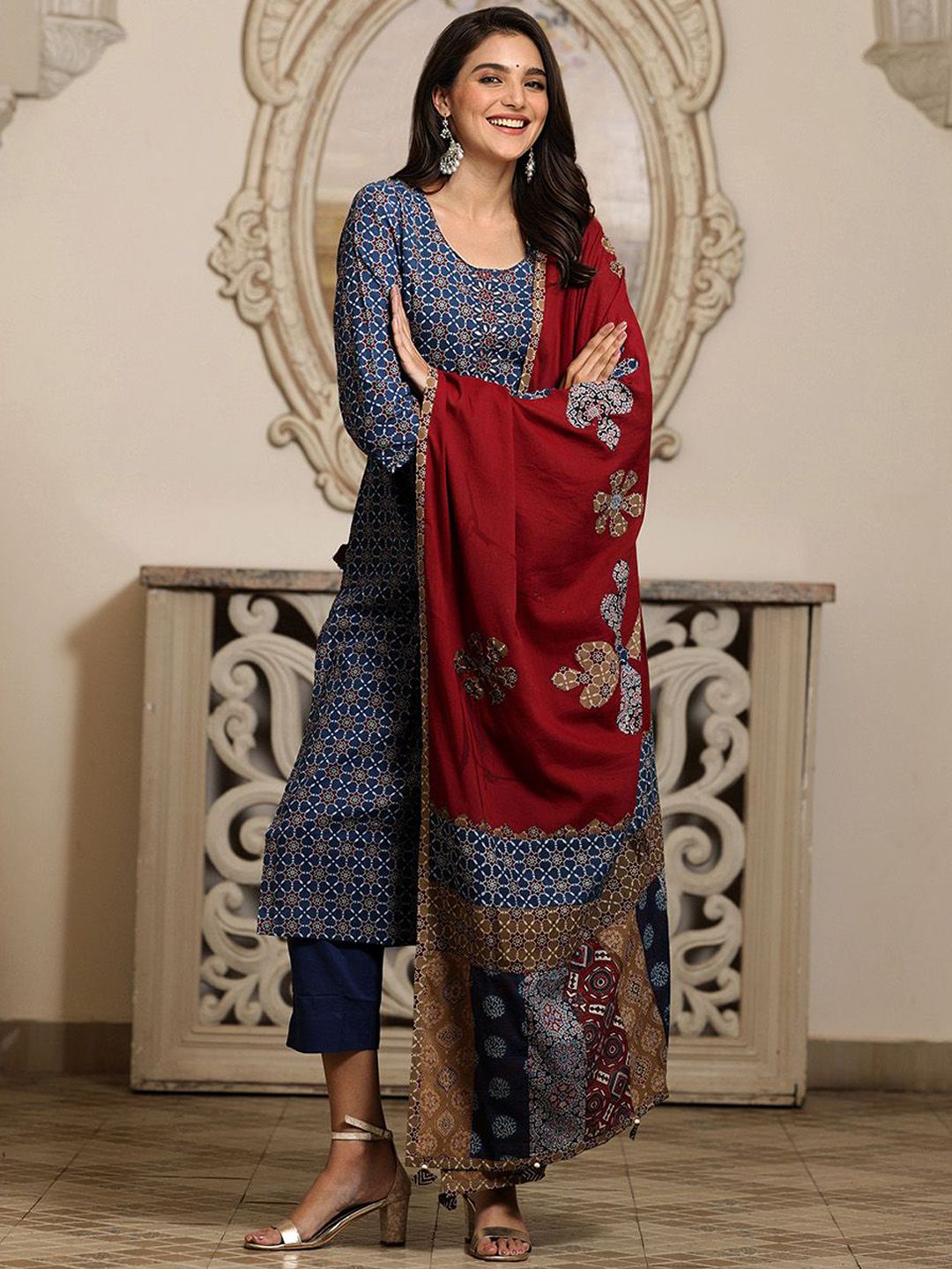 Dhiyona IS Women's Printed Applique Embroidered Pure Cotton Straight Kurta with Trouser & Dupatta