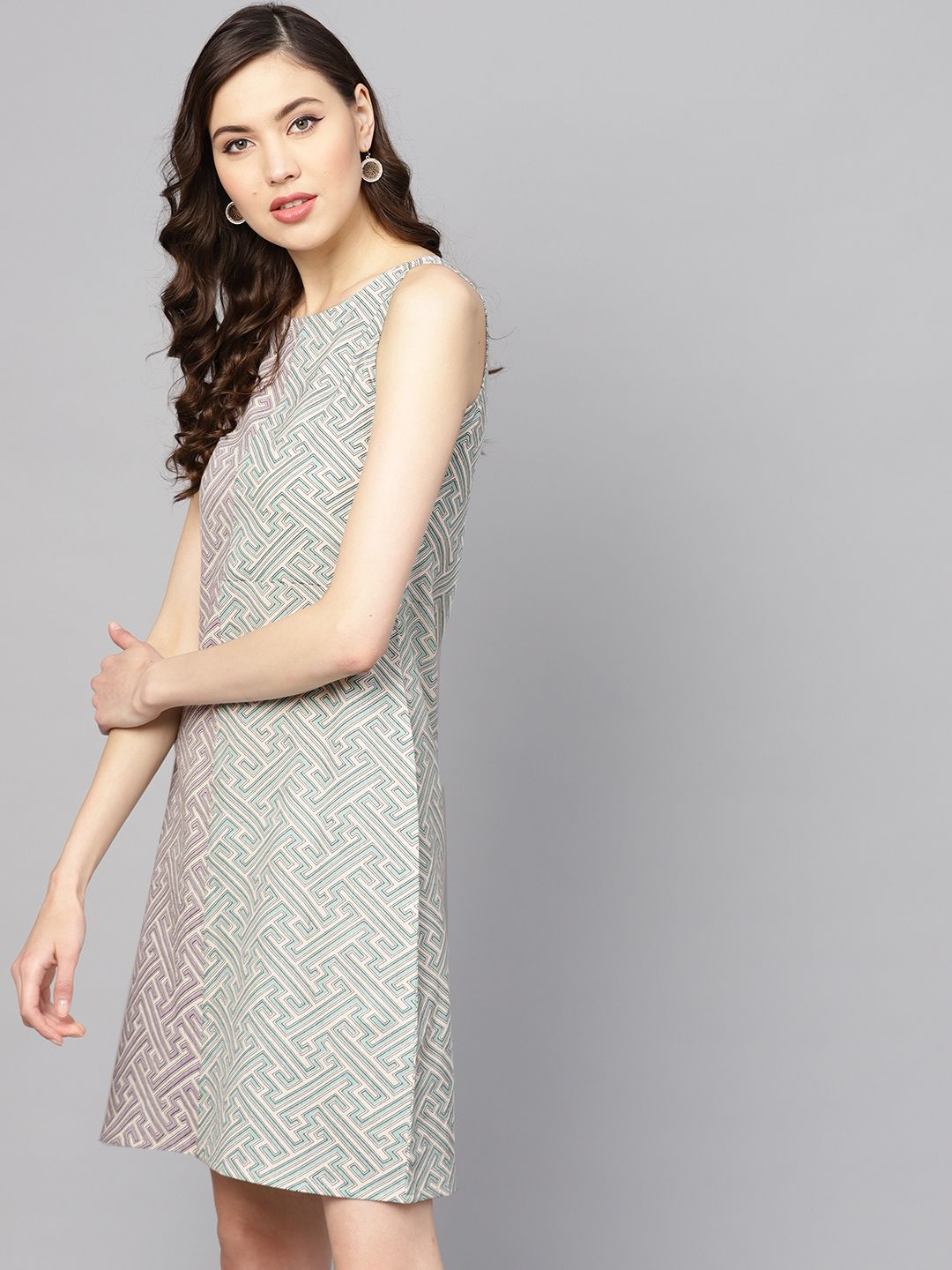 Dhiyona AY Women's Sea Green & Purple Printed A-Line Dress