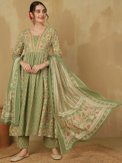 Women Floral Printed Empire Pure Cotton Kurta with Trousers & With Dupatta