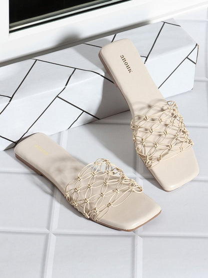 Dhiyona AK White Textured Open Toe Flats