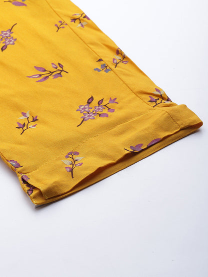 Women Mustard Yellow & Maroon Motifs Print Straight Kurta with Trousers