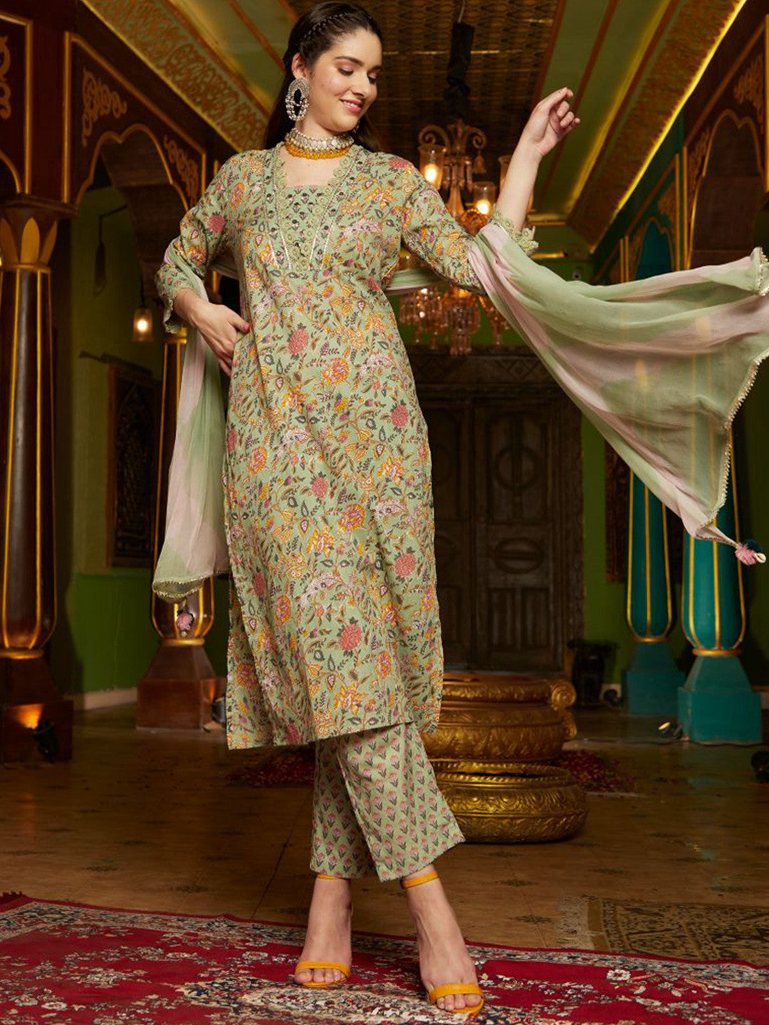 Dhiyona SN Floral Printed Pure Cotton Straight Kurta With Trouser & Dupatta