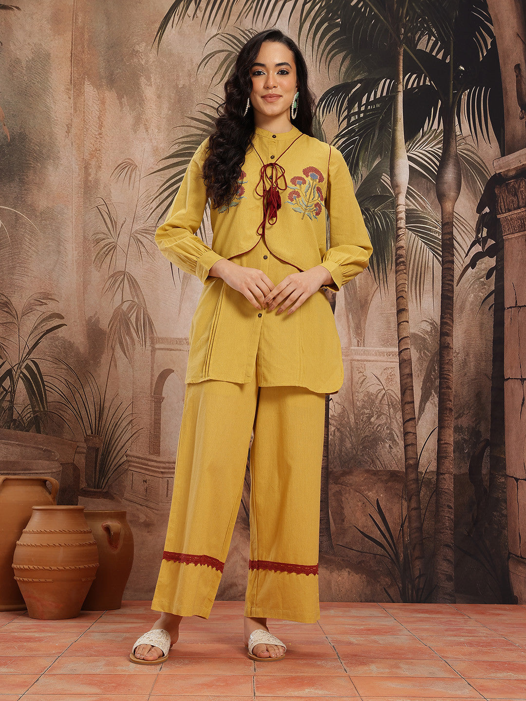 Pintucks Cotton-Linen Straight Kurti with Palazzos and Embroidered Waistcoat