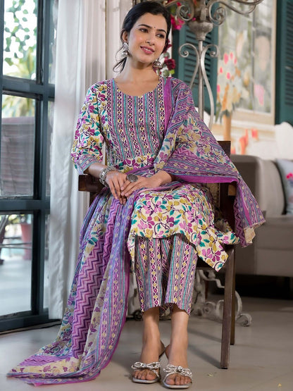 Dhiyona KL Floral Printed Regular Mirror Work Pure Cotton Kurta With Trousers & Dupatta