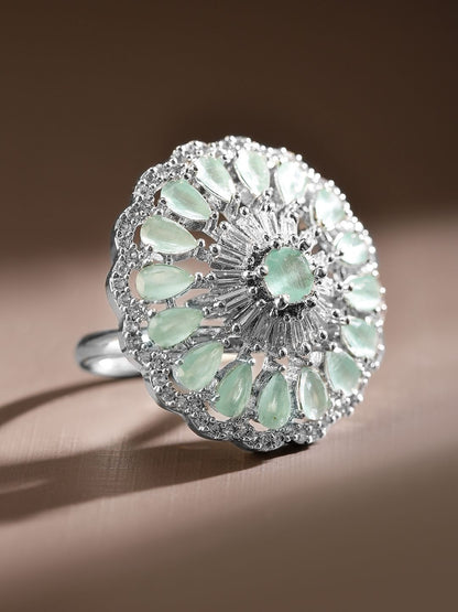 Dhiyona RJ Women's Rhodium-Plated Cubic Zirconia Studded Floral Adjustable Finger Ring