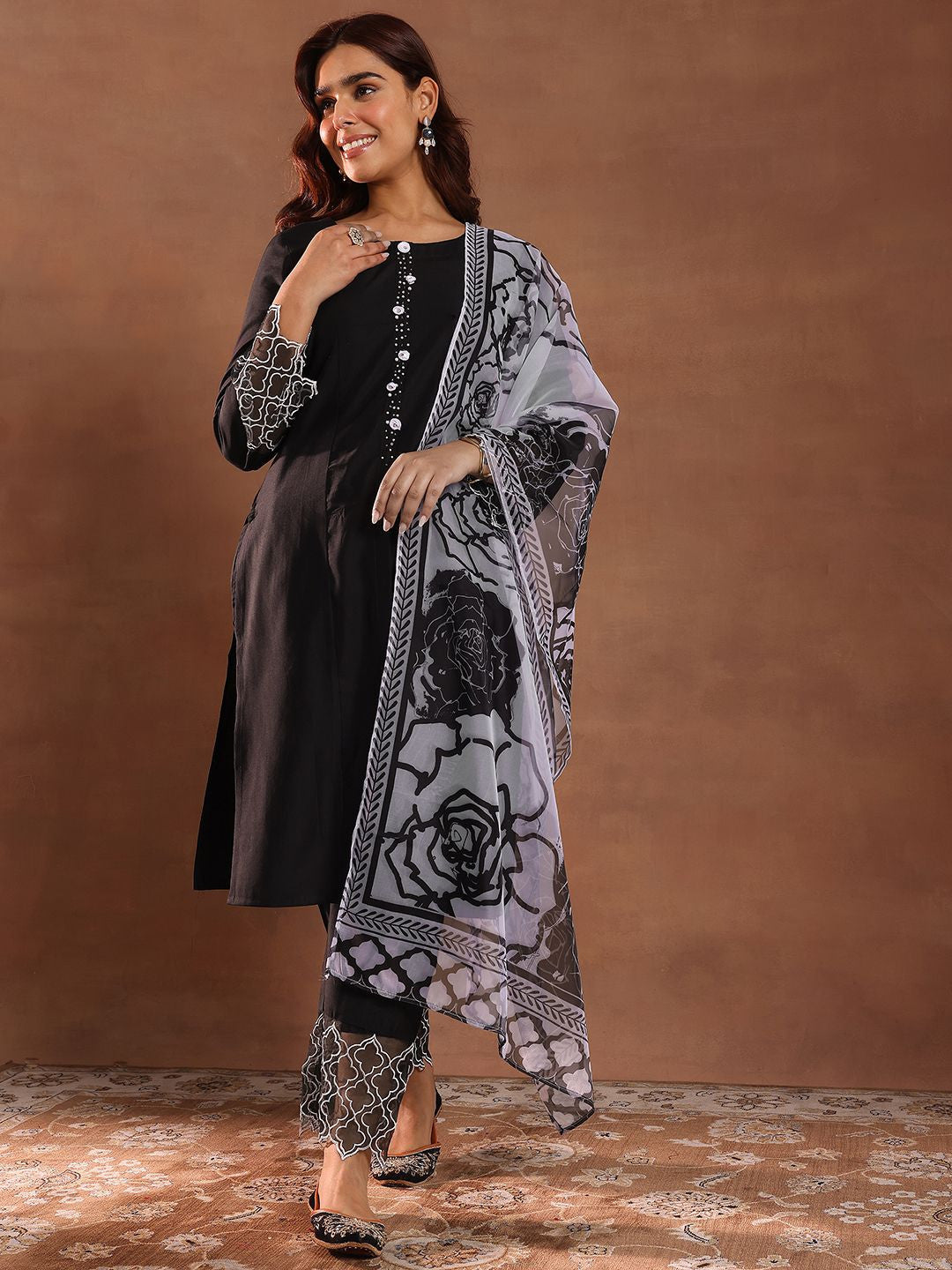 Round Neck Panelled Beads Work Straight Kurta With Trousers & Dupatta