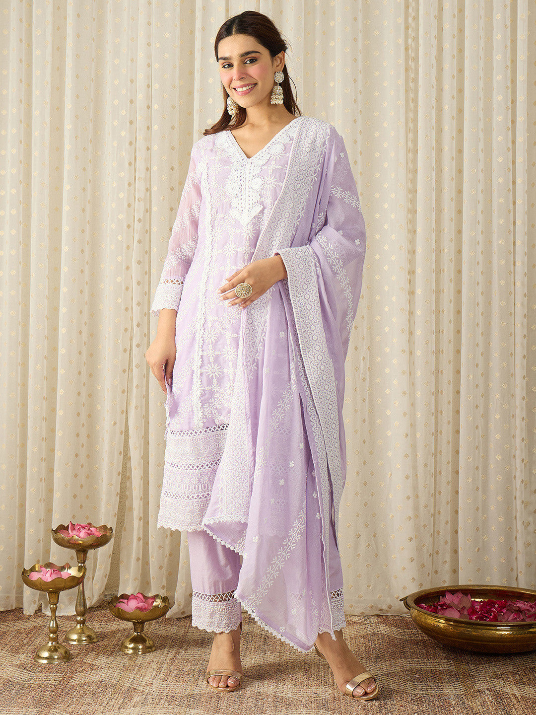Women Ethnic Motifs Embroidered Regular Chikankari Pure Cotton Kurta with Trousers & With Dupatta