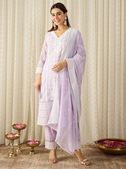 Women Ethnic Motifs Embroidered Regular Chikankari Pure Cotton Kurta with Trousers & With Dupatta