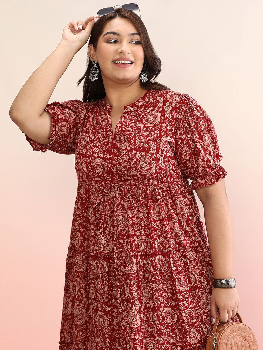 Dhiyona AY Women's Ethnic Motif Cotton Puff Sleeve Empire Plus Size Midi Dress