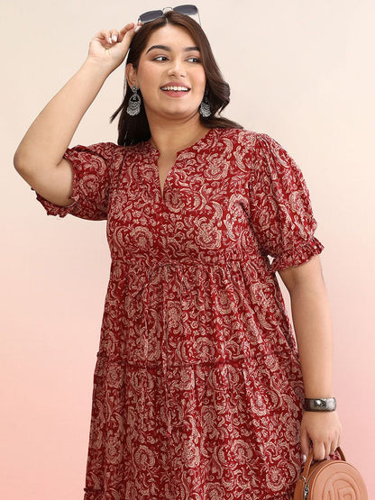 Dhiyona AY Women's Ethnic Motif Cotton Puff Sleeve Empire Plus Size Midi Dress