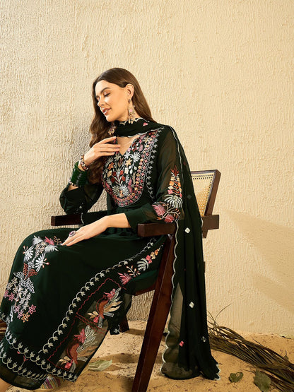 Dhiyona KL Floral Embroidered Thread Work Georgette Anarkali Kurta With Palazzo & Dupatta