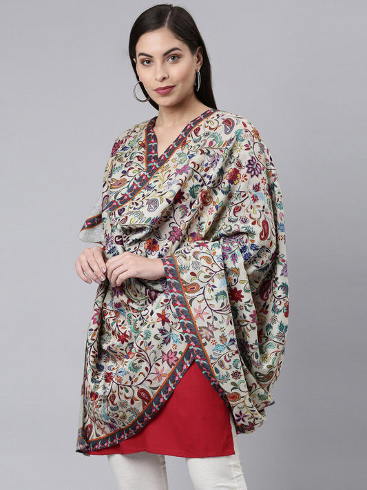 Dhiyona PA Women White Embroidered Pure Wool Shawl