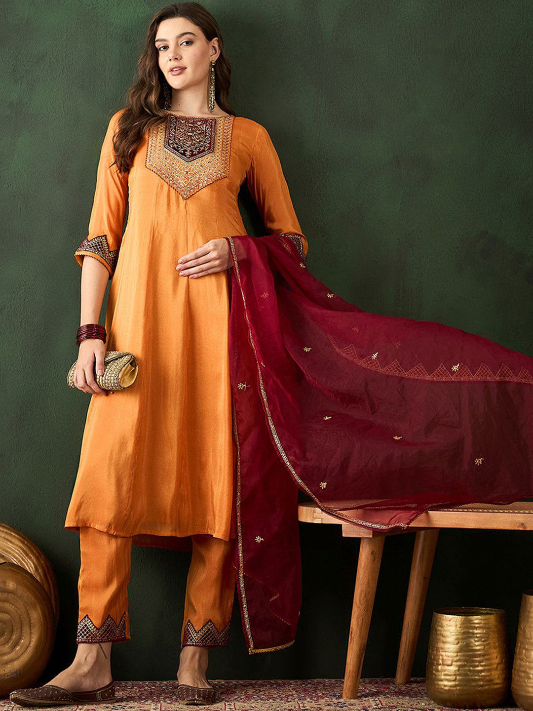 Orange Sequence Round Neck Anarkali Kurta With Trouser And Dupatta