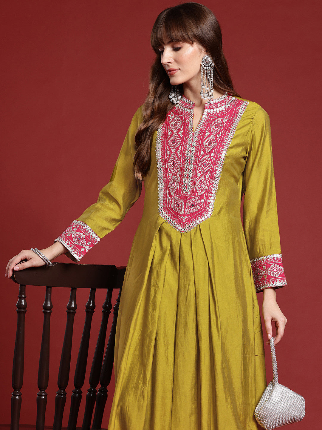 Mirror Work Embroidered Pleated Work Kurta with Trousers