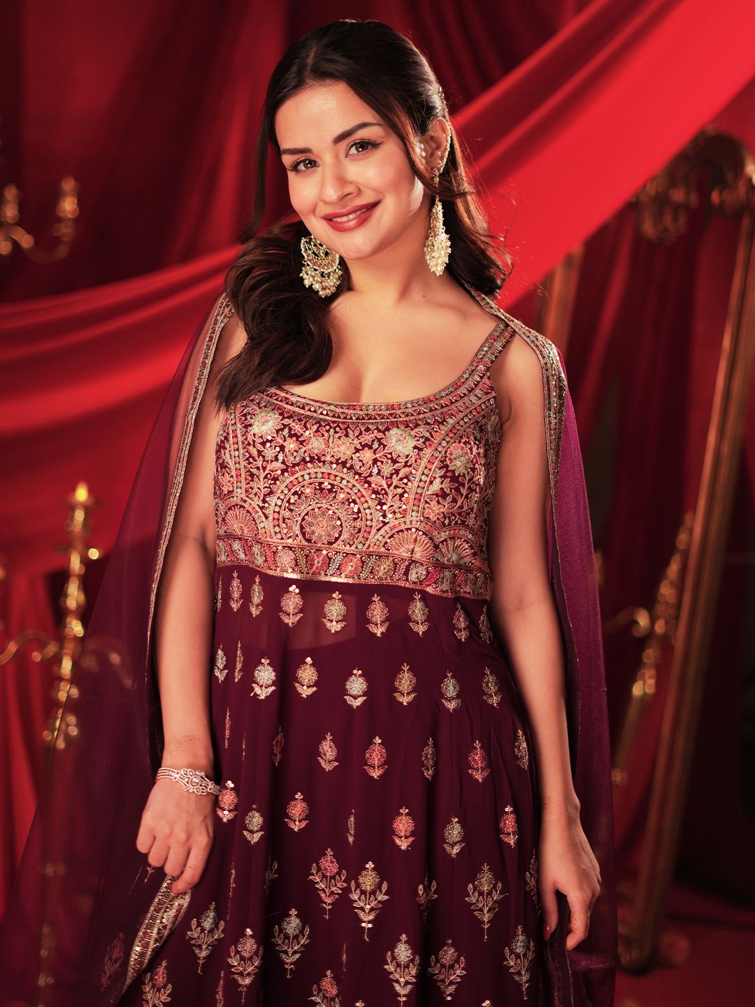 Dhiyona LL Floral Embroidered Beaded Georgette A-Line Kurta With Palazzos & Dupatta