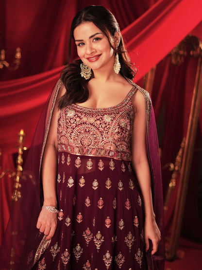 Dhiyona LL Floral Embroidered Beaded Georgette A-Line Kurta With Palazzos & Dupatta