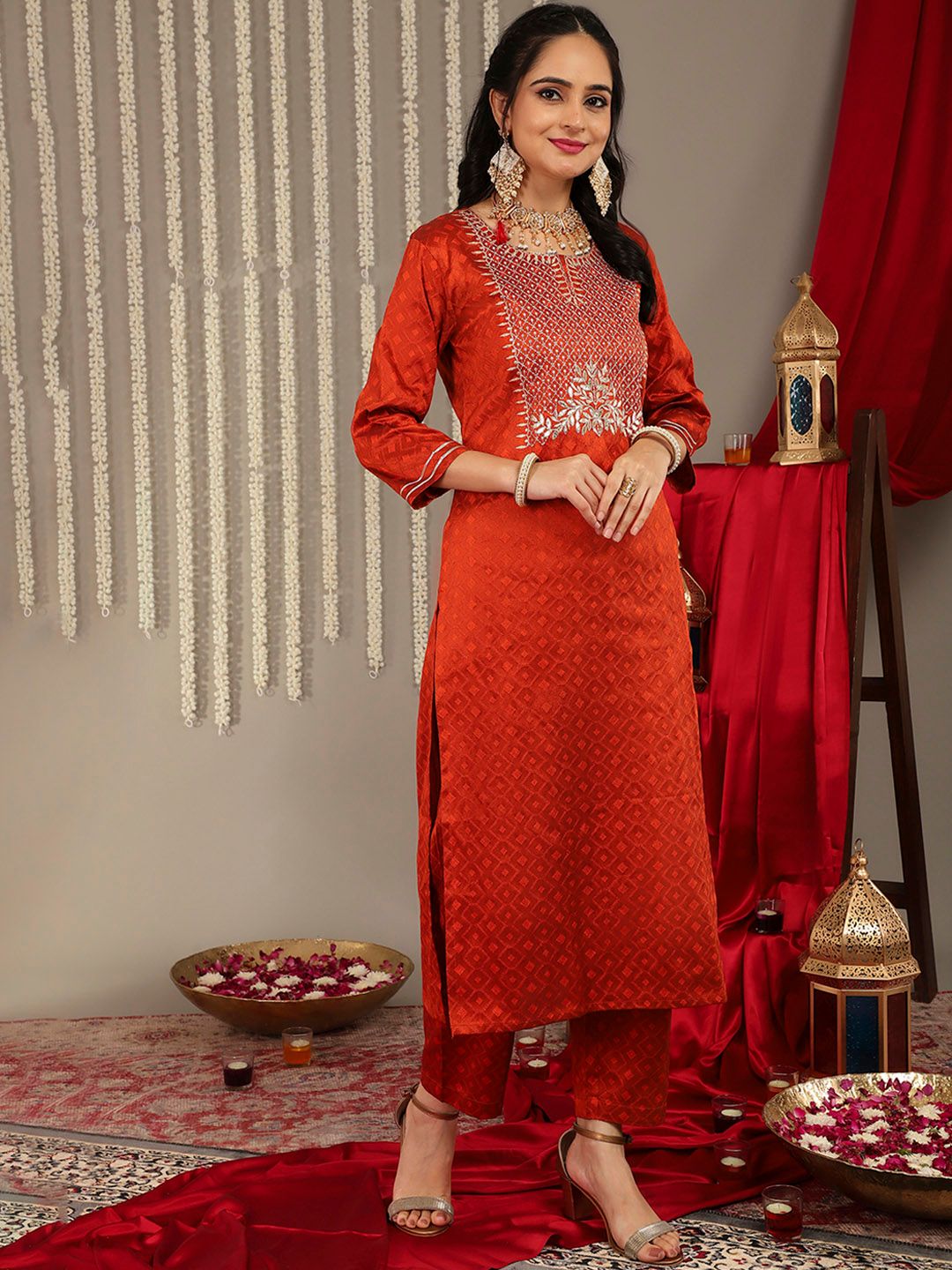 Rust Women Rust Yoke Design Kurta with Trousers & With Dupatta