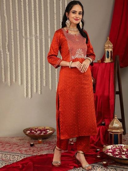 Rust Women Rust Yoke Design Kurta with Trousers & With Dupatta