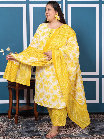 Dhiyona KL Plus Size Floral Printed Pure Cotton Straight Kurta with Palazzos & Dupatta
