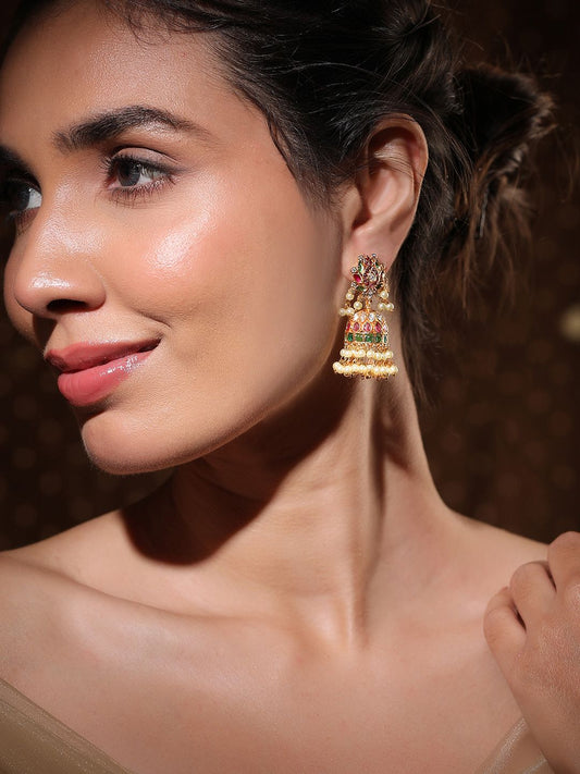 Dhiyona RJ Women's 22K Gold-Plated Ruby Red & Emerald Green Kundan Stone Studed Jhumka with Pearl Bead