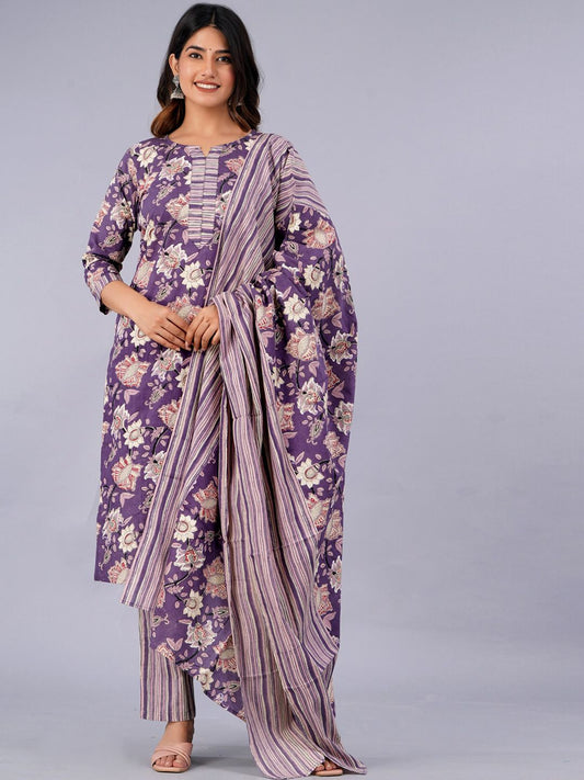 Dhiyona KL Ethnic Motifs Printed Pure Cotton Kurta With Trousers & With Dupatta