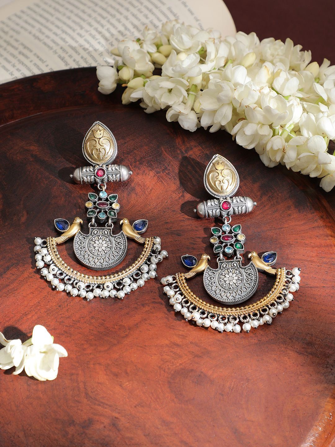 Dhiyona RJ Women's Dual-Tone Oxidised Silver & Gold Plated Bird Motif Chandbali with Pearl Beaded Drop