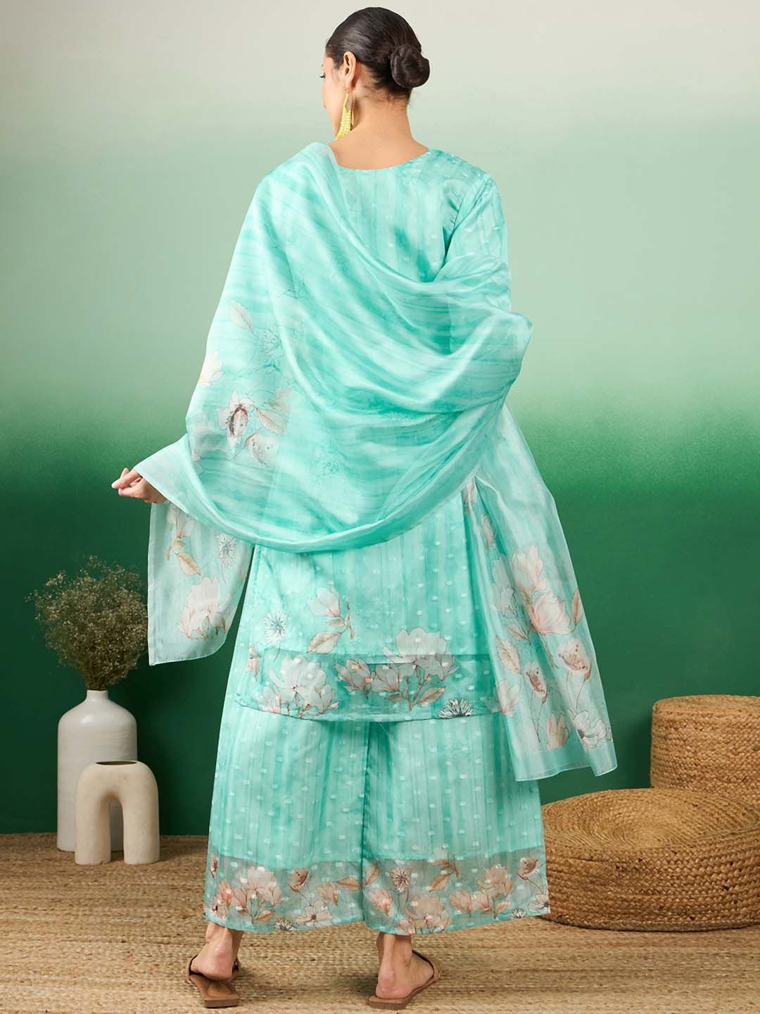Dhiyona SN Floral Embroidered Regular Sequinned Kurti with Palazzos & With Dupatta