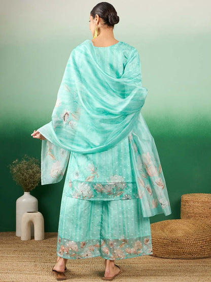 Dhiyona SN Floral Embroidered Regular Sequinned Kurti with Palazzos & With Dupatta