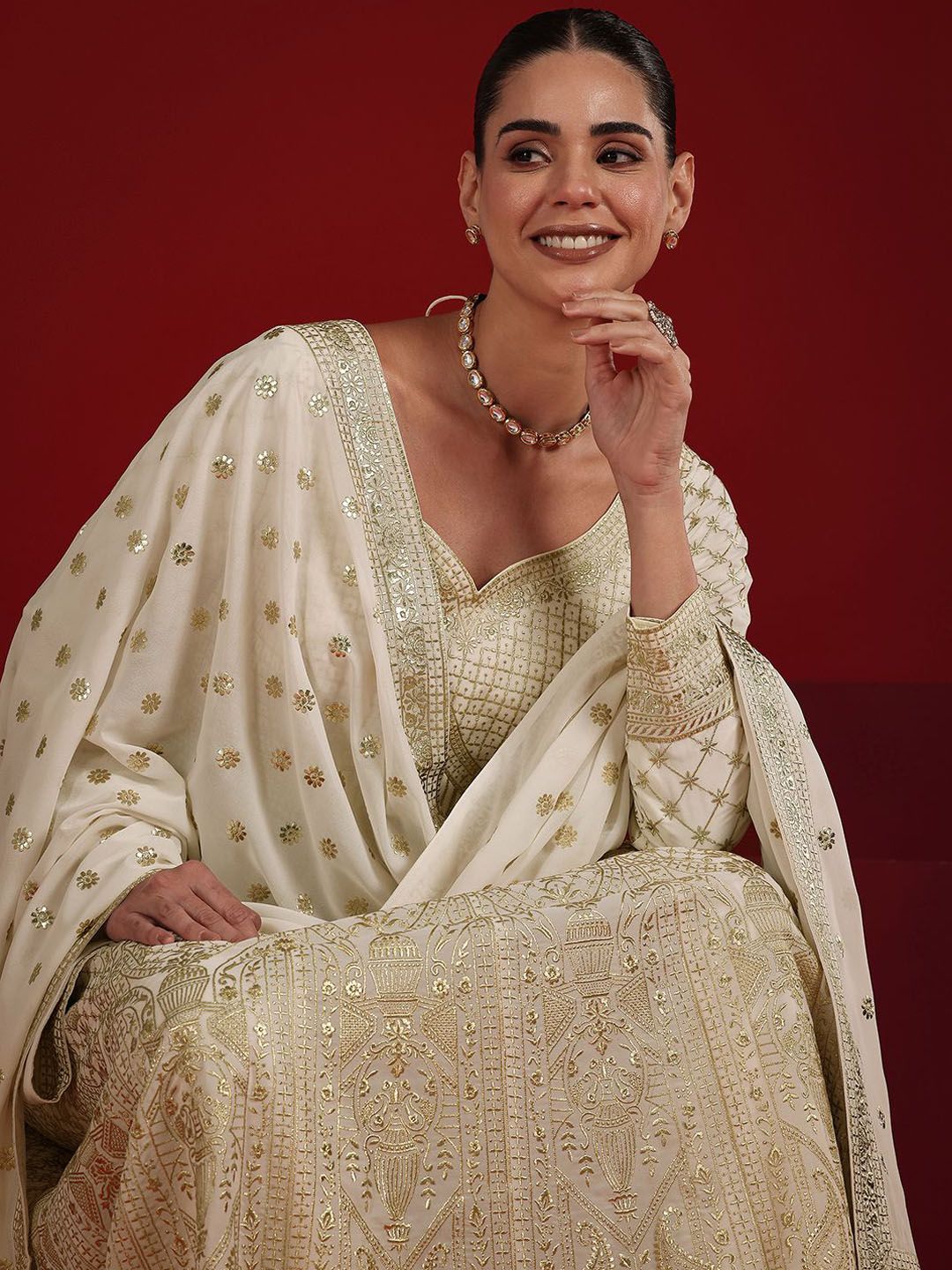 Dhiyona LL Womens Off White Embroidered Anarkali Kurta With Palazzos & Dupatta