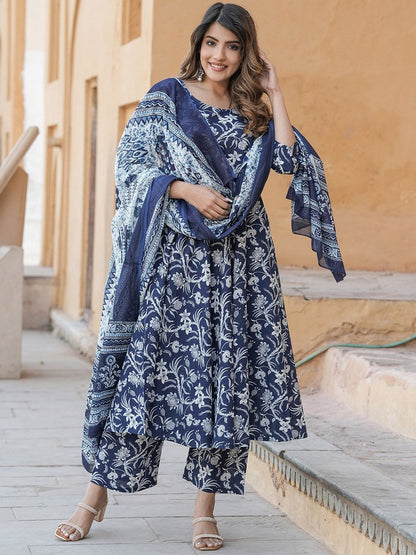 Dhiyona KL Women Floral Printed Regular Pure Cotton Kurta with Trousers & With Dupatta
