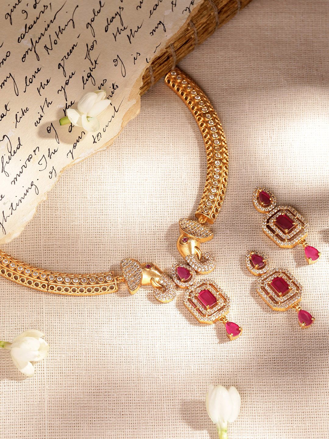 Dhiyona RJ Women's Premium 22K Gold Plated Ruby Pink & CZ Studded Elephant Design Choker Jewellery Set
