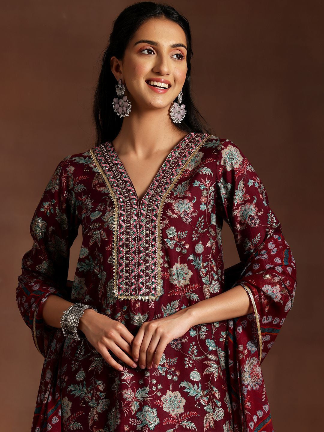 Women Floral Printed Regular Sequinned Kurta with Dhoti Pants & With Dupatta