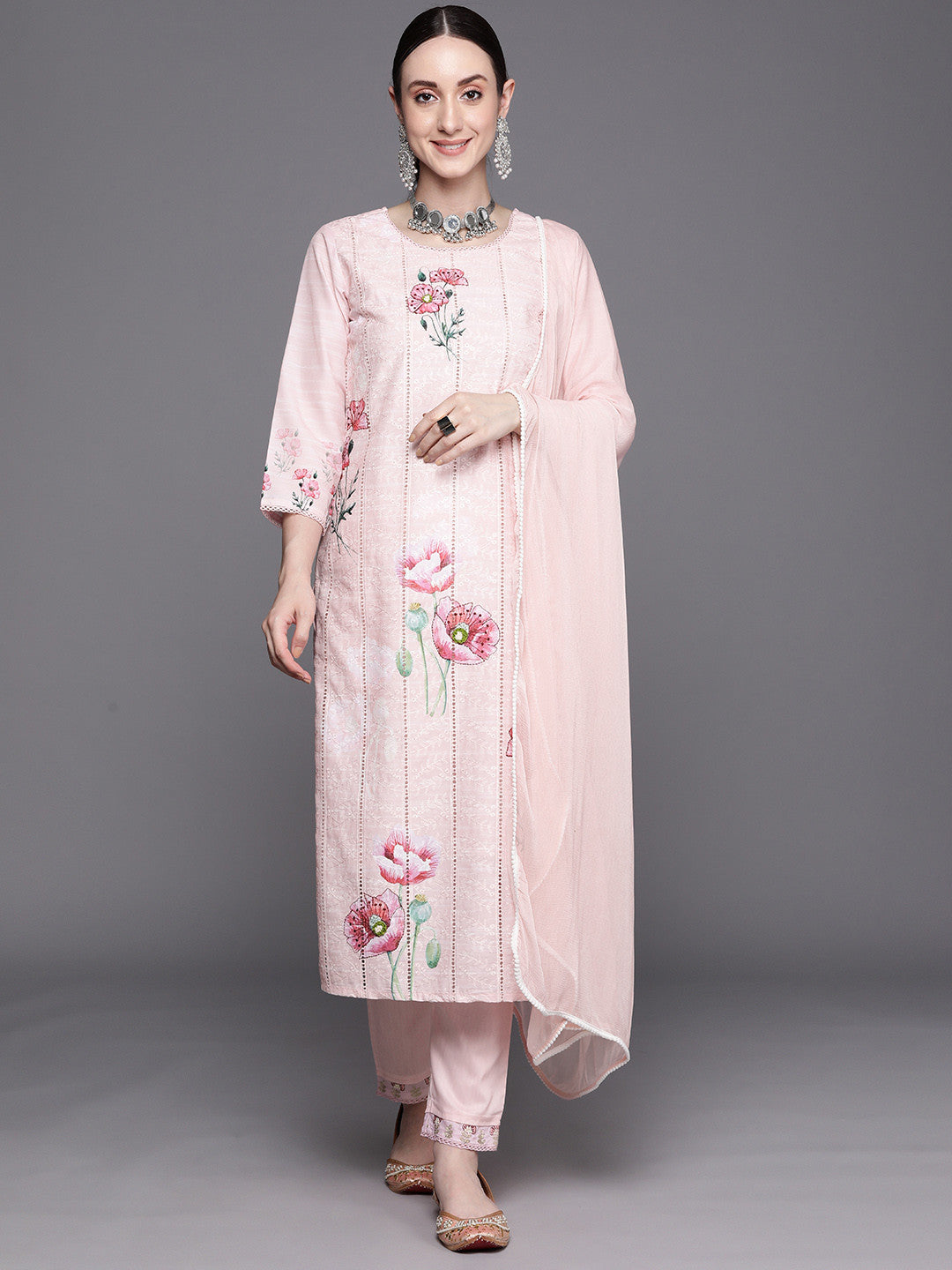Floral Embroidered Regular Thread Work Pure Cotton Kurta With Trousers & Dupatta