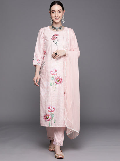 Floral Embroidered Regular Thread Work Pure Cotton Kurta With Trousers & Dupatta