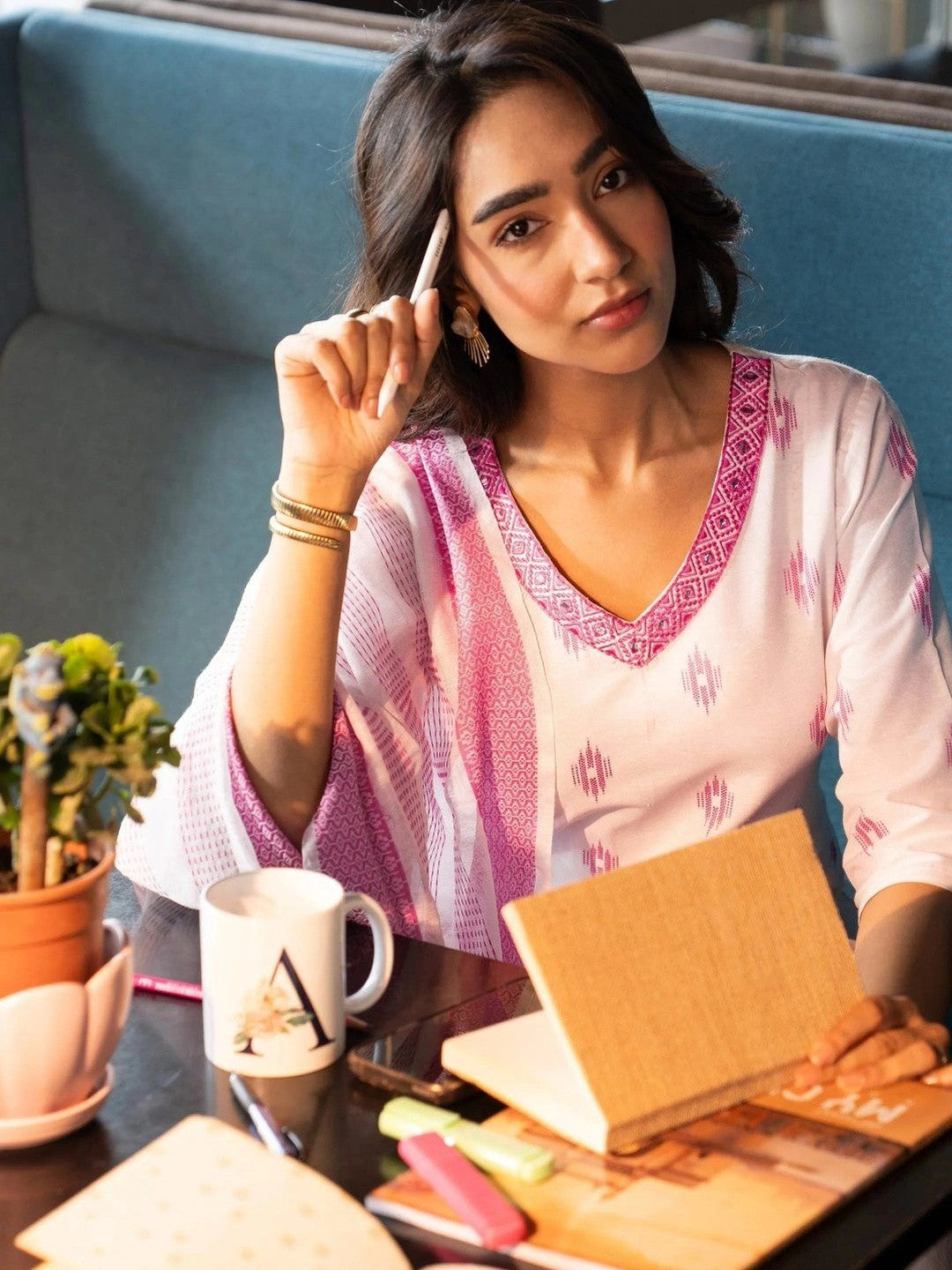 Women Regular Thread Work Kurta with Salwar & With Dupatta