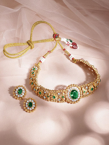 Dhiyona RJ Women's 24K Gold Plated Handcrafted Emerald & Cubic Zicronia Studded Choker Jewellery Set