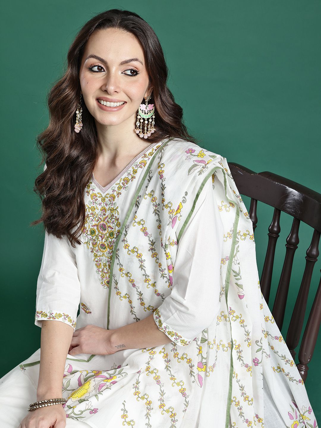 Dhiyona IE Floral Embroidered Pure Cotton Kurta with Trousers & Dupatta