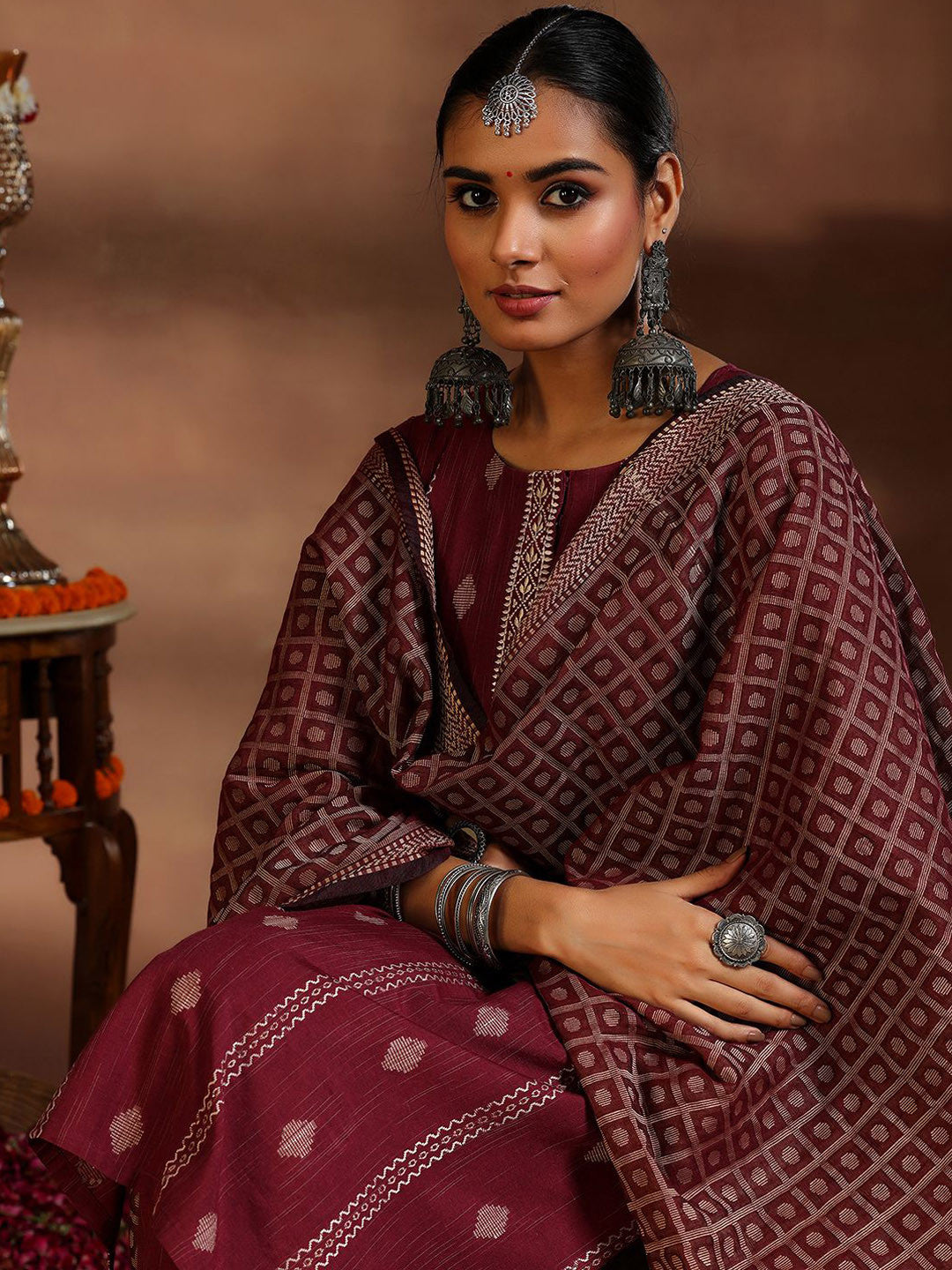 Women Ethnic Motifs Regular Thread Work Kurta with Trousers & With Dupatta
