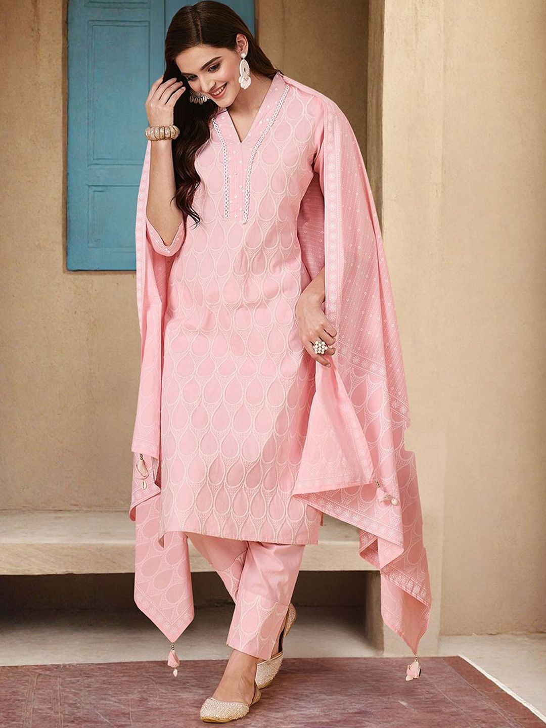 Dhiyona IS Women's Floral Embroidered V-neck Pure Cotton Kurta With Trousers & Dupatta