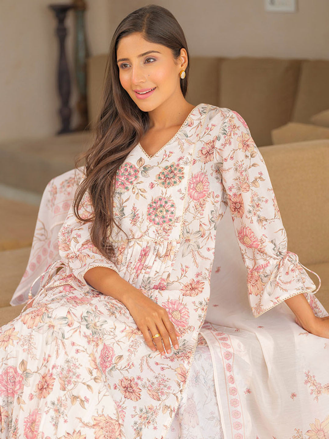 Floral Printed V Neck Pleated A-Line Kurta With Trousers & Dupatta