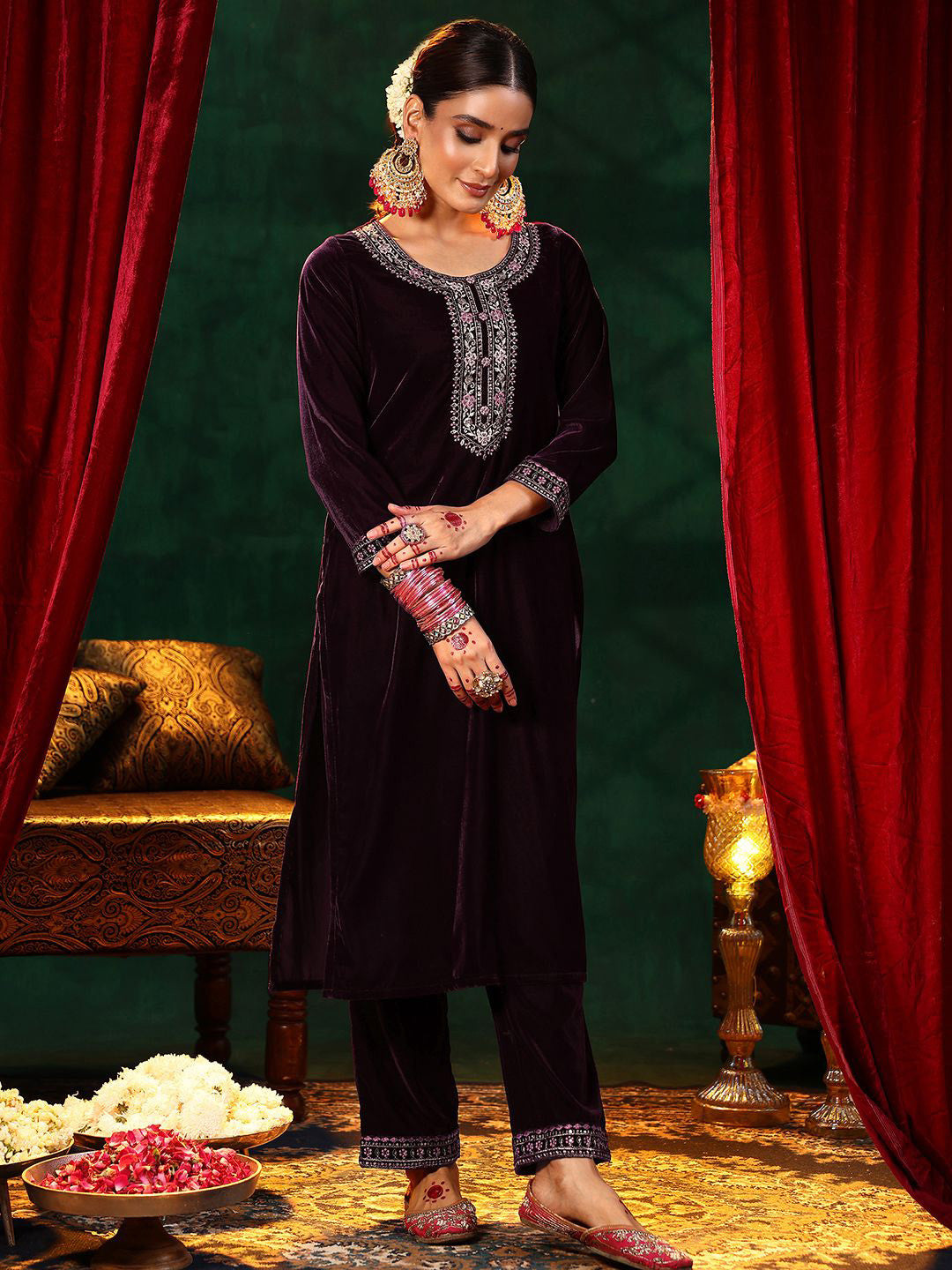 Floral Yoke Design Sequinned Velvet Straight Kurta with Trousers & With Dupatta