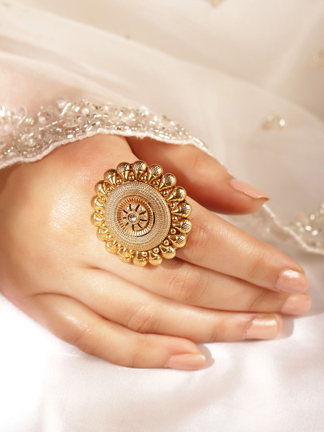 Dhiyona RJ Women's Women 22K Gold-Plated Antique Floral Motif Adjustable Statement Finger Ring