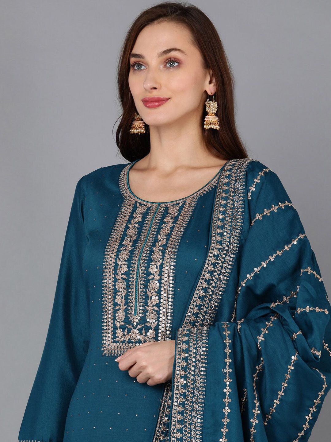 Dhiyona KL Embroidered Regular Sequinned Kurta with Palazzos & Dupatta