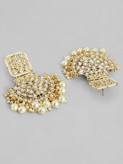 Dhiyona RJ Women's Off-White Gold-Plated Kundan-Studded Long Chandbalis with Pearl-Beaded