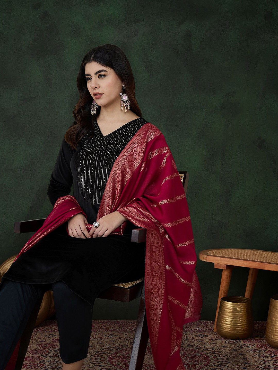Self-Design Winter Velvet Kurta With Trousers & Dupatta