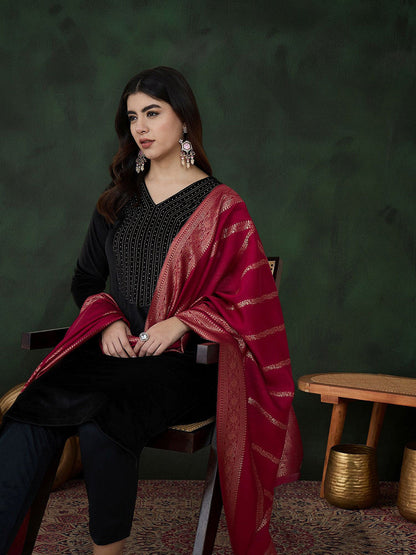 Self-Design Winter Velvet Kurta With Trousers & Dupatta