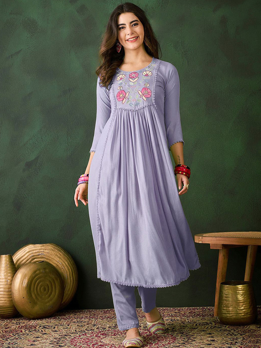 Floral Embroidered Pleated A-Line Kurta With Trousers