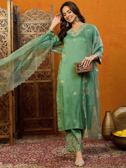 Dhiyona KL Ethnic Motifs Embroidered Regular Thread Work Kurta with Palazzos & Dupatta