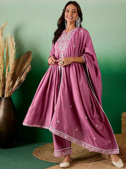 Dhiyona SN Embroidered Sequined A-Line Kurta With Palazzos & Dupatta