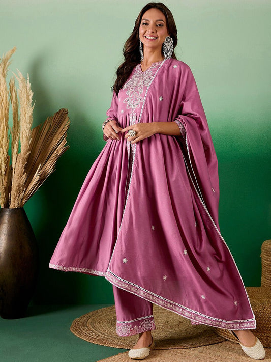 Dhiyona SN Embroidered Sequined A-Line Kurta With Palazzos & Dupatta
